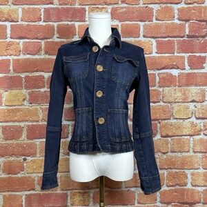 Tulle Denim Jean Jacket Blue Big Button Front Long Sleeve Pockets Womens Size PL